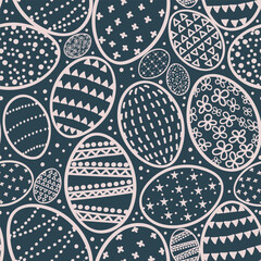 Abstract Easter egg seamless pattern in simple Scandinavian-style. Geometric designs and dots in modest navy blue and pink colors. Neutral and modest catholic spring vector illustration. 