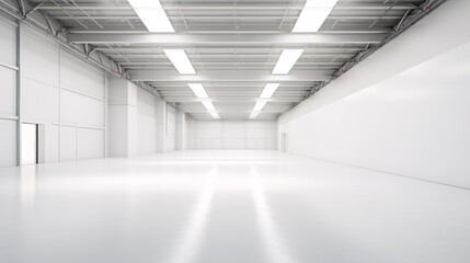 The inside of an empty, contemporary, white warehouse..