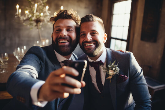 Homosexual couple celebrating their own wedding - LBGT couple at wedding ceremony, concepts about inclusiveness and social equity