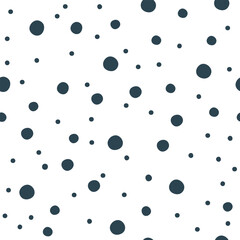 Abstract navy blue and white seamless vector polka dot pattern. Adorable hand-drawn geometric design with big and small blobs is chaotic and pretty.
