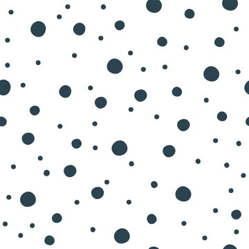 Abstract navy blue and white seamless vector polka dot pattern. Adorable hand-drawn geometric design with big and small blobs is chaotic and pretty.