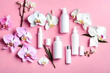 Rolgordijnen Branding mockup for cosmetics and spa. top view in flat mode gift bag made of white cosmetic bottle containers Pink background with white Phalaenopsis orchid blossoms. © MB Khan