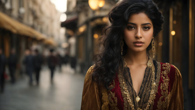 portrait of a girl with brown hair looking straight into the camera,the girl is dressed in expensive clothes