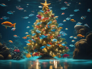 Abstract made of christmas tree and multicolored fishes forming colorful decoration. Sea life celebrating Xmas concept. Generative AI