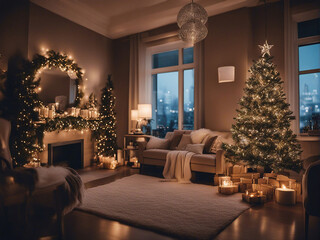 Modern living room interior decorated with Christmas lights and tree. Night scene. Generative AI