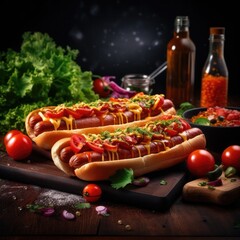 Tasty delicious hot dogs on a dark background. Generative AI.