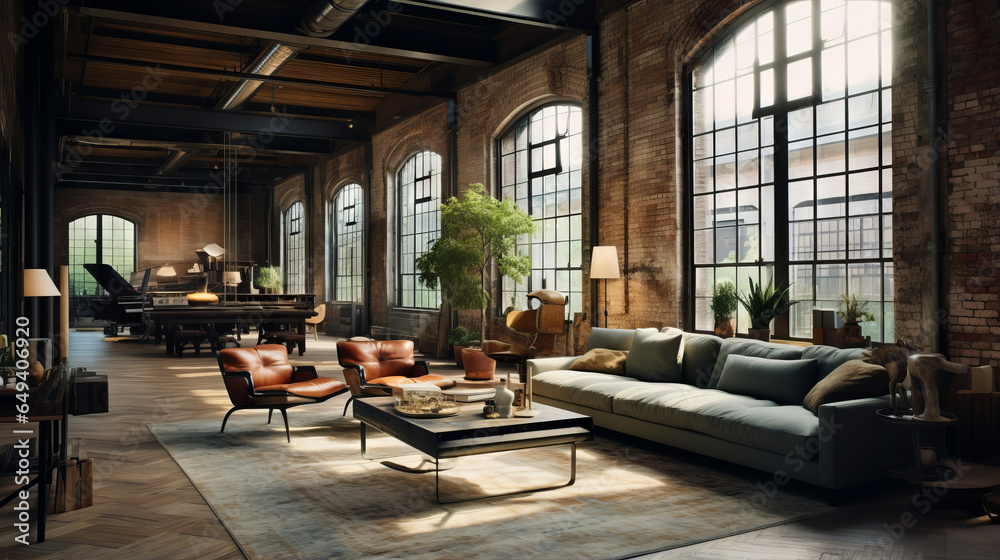 Wall mural industrial loft with exposed brick walls, large windows, metal beams, and open space, furnished with