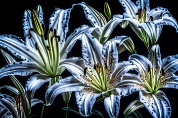 Black light sources are used to spotlight two white Lilium blossoms in this composition.