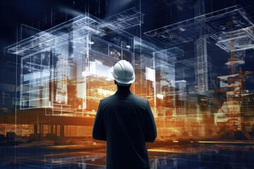 Designing Tomorrow: A vision of future building construction, blending engineering devotion with double-exposure graphic design, featuring architects and workers embracing modern technology.