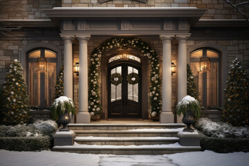 Fototapeta premium A home's exterior is adorned with wreaths, while a modern projection displays vibrant holiday animations, embodying perfect union of classic and contemporary holiday decor. Generative Ai.