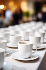 Fototapeta premium A large number of white cups filled with coffee stand on a long table for an event or a congress. Focus on the front cup.