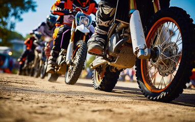 Group of motorcyclists during a trial race, without faces, close-up on the legs and wheels