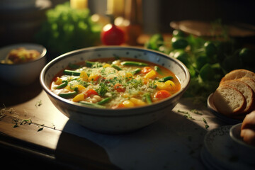 Homemade minestrone soup made of vegetables and legume. Minestrone soup with mix of vegetables. - obrazy, fototapety, plakaty