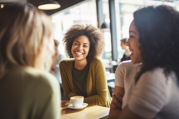 Fototapeta premium Happy smiling female friends sitting in a café laughing and talking during a lunch break