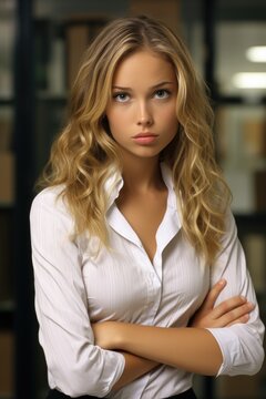 An attractive woman in an office environment with a questioning face saying "How?!". Generative AI