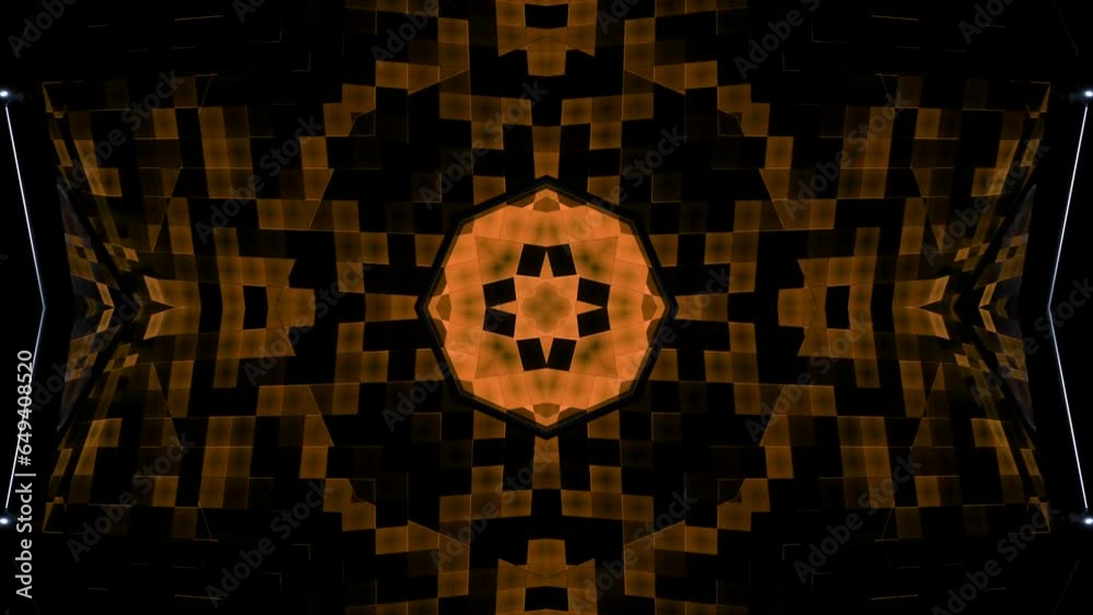 Poster psychedelic animation with hypnotic pattern of squares. design. kaleidoscopic animation of moving pa