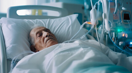 Old Man patient lies in coma in the bed of a geriatric center. Patient in hospital bed maintains life artificially with a machine. Generative Ai