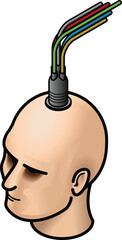 A cyborg man's head with a bundle of wires coming out of it.