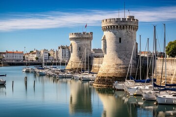 Medieval towers in La Rochelle harbor, France, on the West Atlantic coast during summer. Generative AI - obrazy, fototapety, plakaty