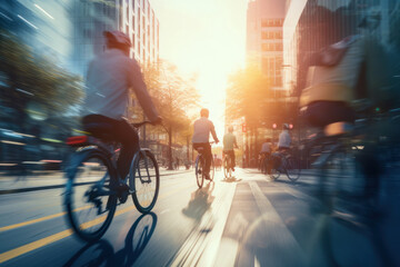 Urban Cyclists in Action: Embracing eco-friendly commuting, people on bikes blur through the city streets, a dynamic portrayal of healthy, sustainable living.