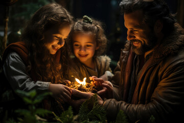 A family participates in a Yule log ceremony, carrying on the tradition of lighting a log to symbolize the returning of light and the promise of spring. Generative Ai.