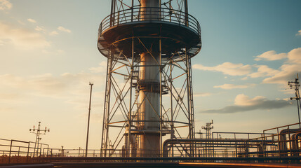 Closeup of outdoor Gas tower. View of a tall gas tower with standing gas lines and valves.