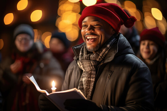A person documents the festive scene of carolers singing and spreading cheer in the neighborhood, embracing the tradition of sharing music during the holiday season. Generative Ai.