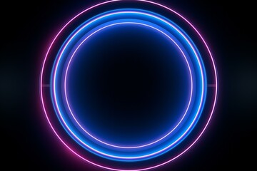 Circular frame with blue neon motion graphic on black background. Blue and pink lights move for overlay. 3D rendering with empty space. Generative AI