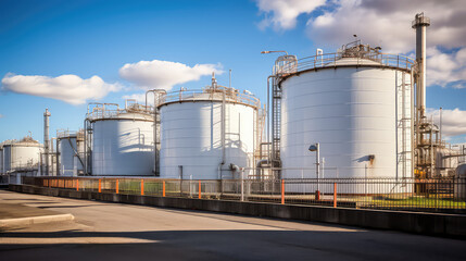 Natural Gas Tank. Large vessels or tanks filled with natural gas at a natural gas processing plant. Bright blue sky, nobody.