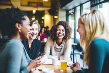 Happy smiling female friends sitting in a café laughing and talking during a lunch break