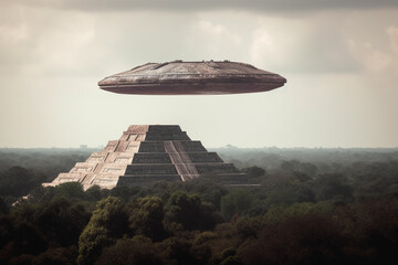Sci-fi and fantasy concept. UFO and extraterrestrial ships flying over Mexico pyramid in jungles during day time. Generative AI