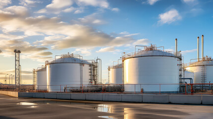 Obraz premium Natural Gas Tank. Large vessels or tanks filled with natural gas at a natural gas processing plant. Bright blue sky, nobody.