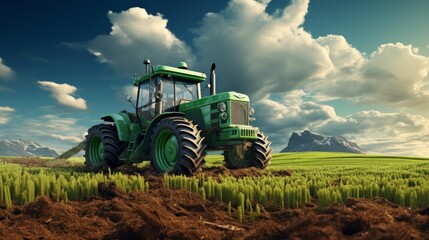 Obraz premium A green tractor plowing a field of cereal crops under a sky filled with fluffy clouds.