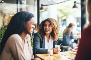 Fototapeta premium Happy smiling female friends sitting in a café laughing and talking during a lunch break