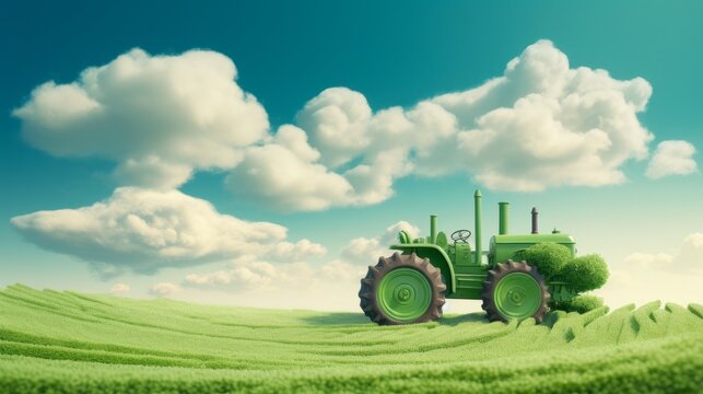 A green tractor plowing a field of cereal crops under a sky filled with fluffy clouds.