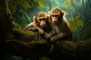Two monkeys huddled on a tree in the lush forest. Generative AI