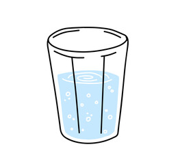 Glass of water. Refreshing drink. Doodle outline cartoon. Trendy modern illustration. Blue liquid cup