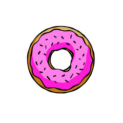 Donut with pink glaze. Sweet sugar dessert with icing. Outline cartoon illustration isolated on white background