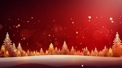 Zelfklevend Fotobehang stockphoto, copy space, Gold Christmas and New Year Typographical on red Xmas background with winter landscape with snowflakes, light, stars. Merry Christmas card. Illustration. Gold and red. © Dirk