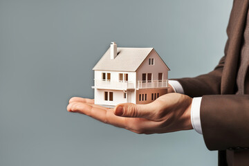 Businessman holding model house Close up. Loan, investment or Home insurance concept