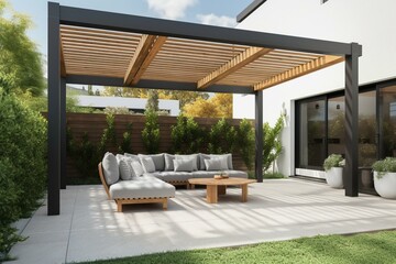 Modern patio featuring a 3D-rendered pergola on an outdoor terrace. Generative AI - obrazy, fototapety, plakaty