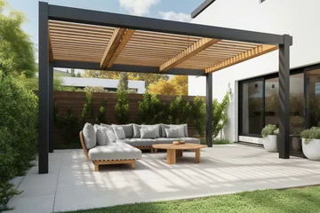 Fotobehang Modern patio featuring a 3D-rendered pergola on an outdoor terrace. Generative AI © Daniel