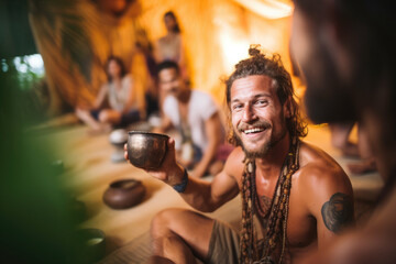 Ayahuasca drinking ceremony. Young man holding a cup with Ayahuasca drink in Ibiza yoga centre