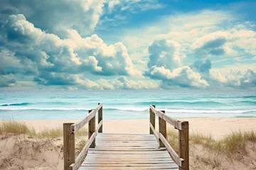 Foto op Plexiglas a wooden pier leading to the beach in a sunny day, wooden boardwalk leading to shore.  © Saulo Collado