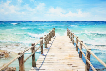 Fototapeta na wymiar a wooden pier leading to the beach in a sunny day, wooden boardwalk leading to shore. 