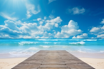 a wooden pier leading to the beach in a sunny day, wooden boardwalk leading to shore. 