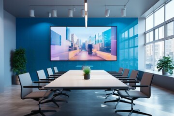 Modern vibrant conference room with a projecting screen. Generative AI