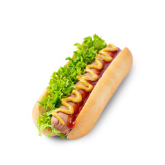 Homemade Hot Dog with yellow mustard, ketchup, tomato and fresh salad leaves isolated on white, transparent background, PNG. Fast food, street food, american cuisine
