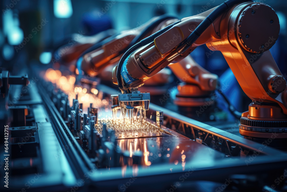 Poster precision robotic arms assembling electronic components on a factory line. generative ai.