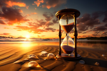 Sand hourglass on the beach with sunset.
